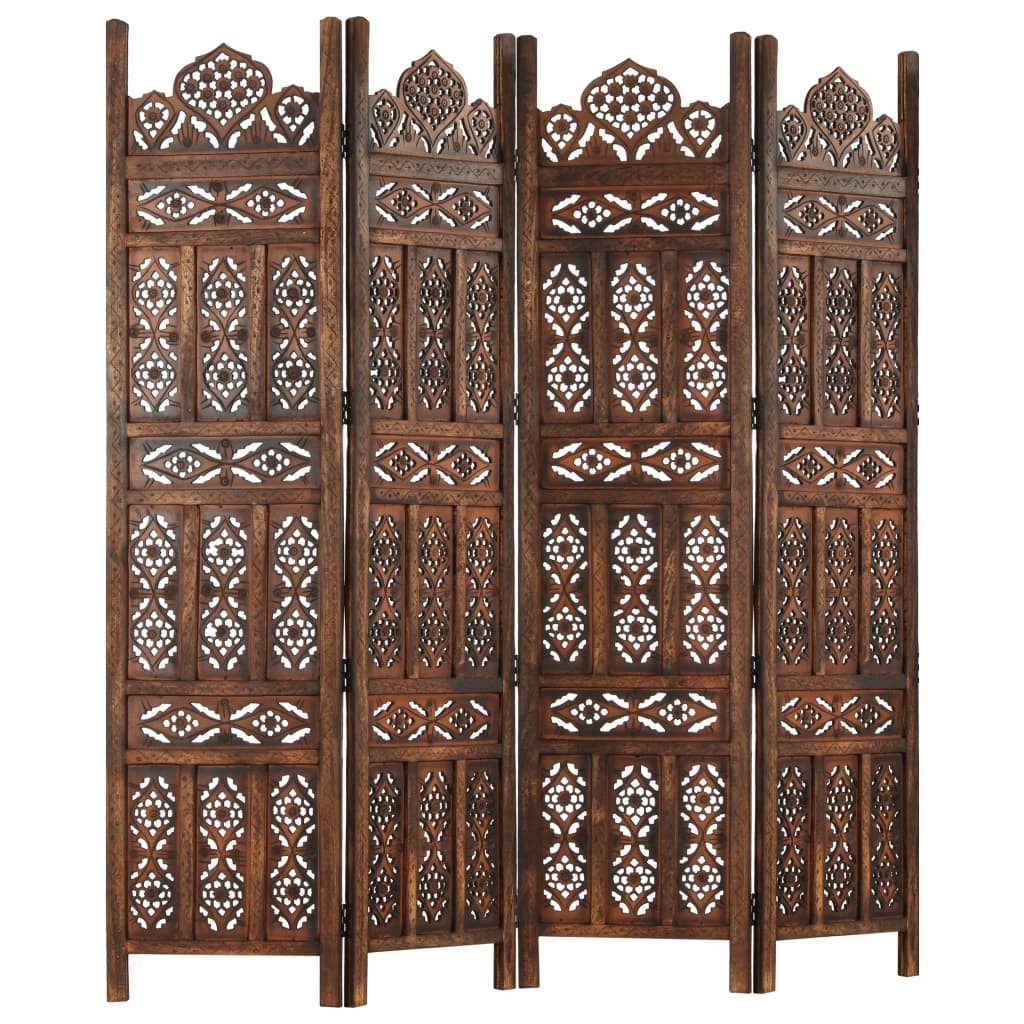 Hand carved 4-Panel Room Divider Brown 160x165 cm Solid Mango Wood